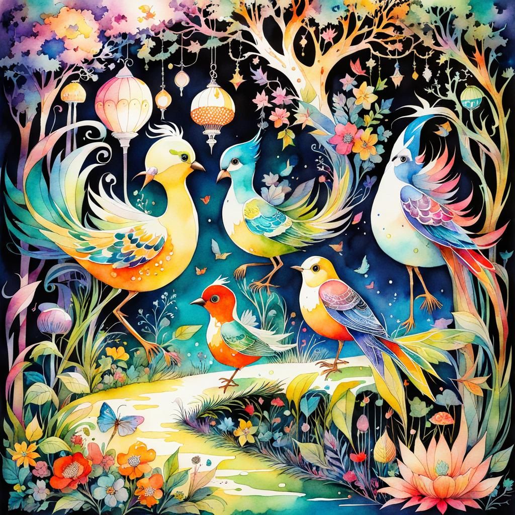 Anime Birds in a Psychedelic Watercolor Garden