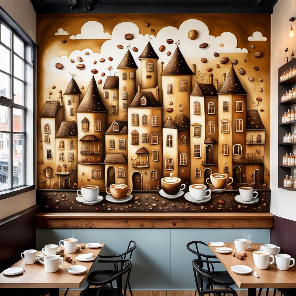 Surreal Cafe Mural with Coffee Pot Houses