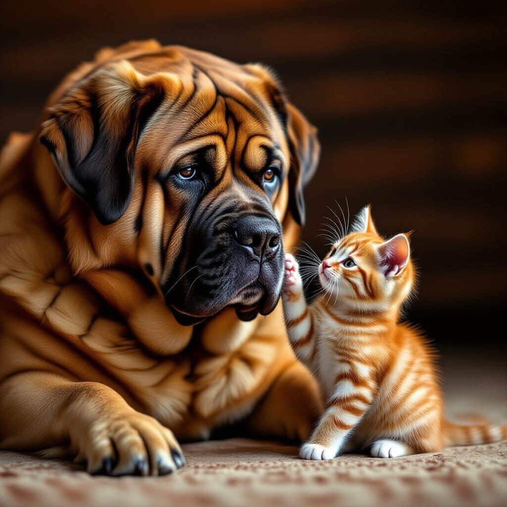 Mastiff and Kitten Embrace in Tender Moment