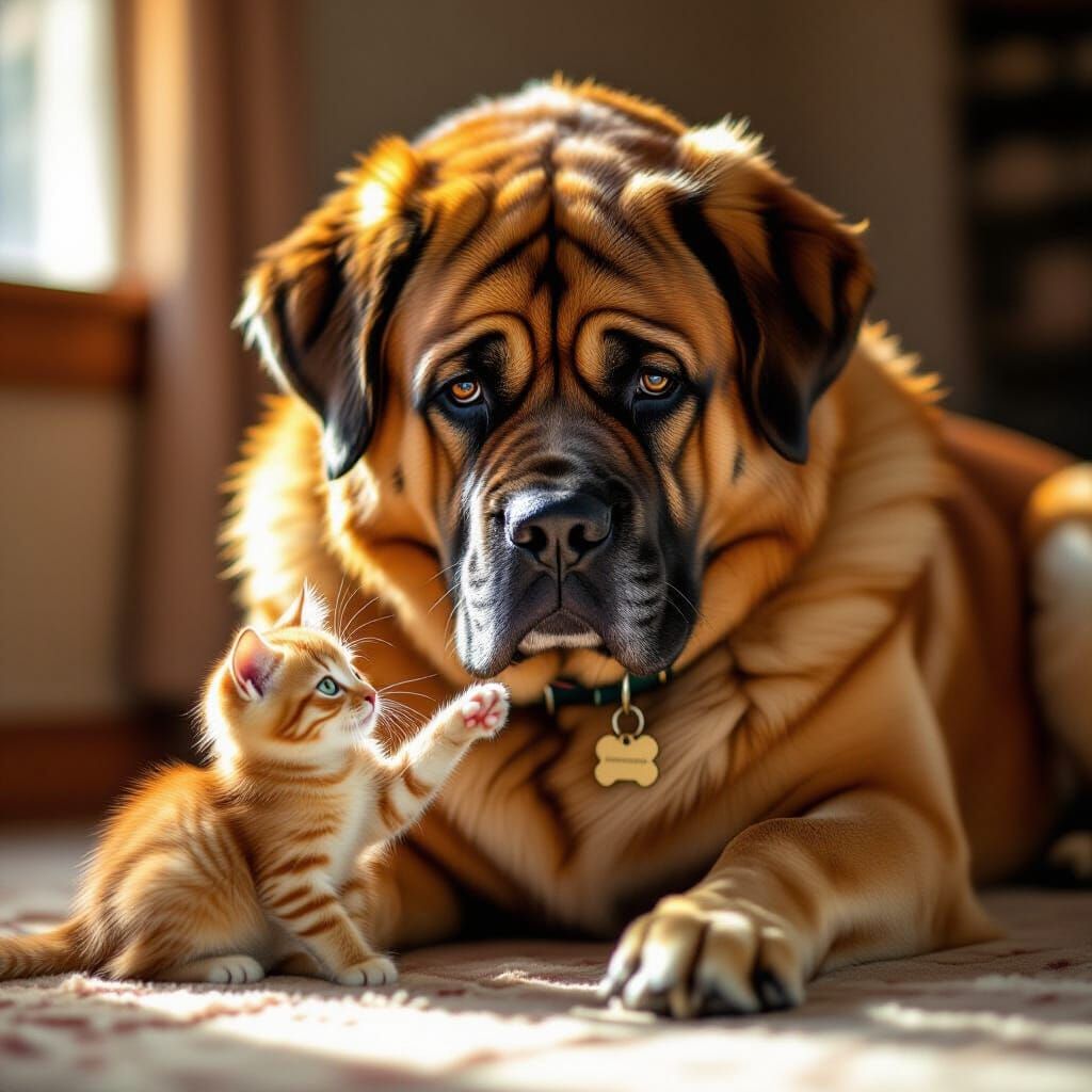 Sad Mastiff Comforted by Kitten in Sunlit Room
