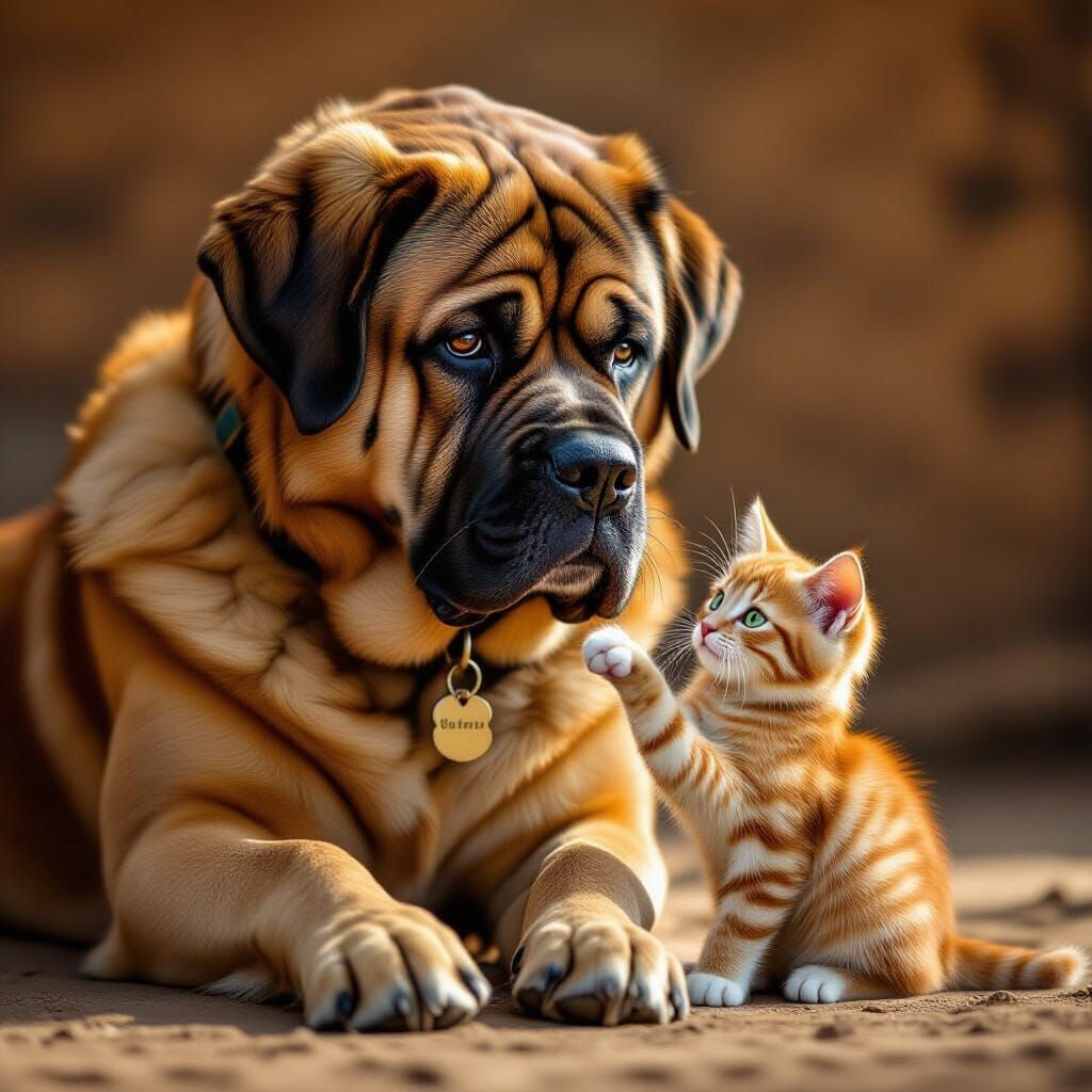 Mastiff Comforted by Kitten in Earthy Tones