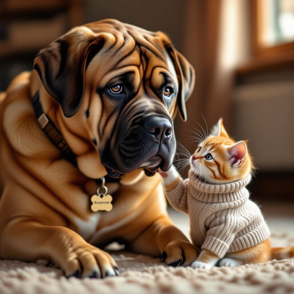 Mastiff Comforted by Kitten in Hyperrealist Style