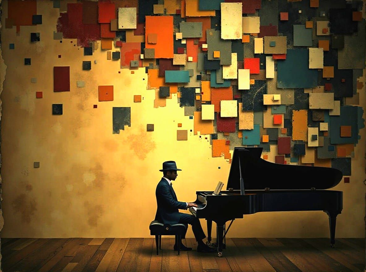 Man Plays Jazz Piano, Notes Transform into Story Symbols