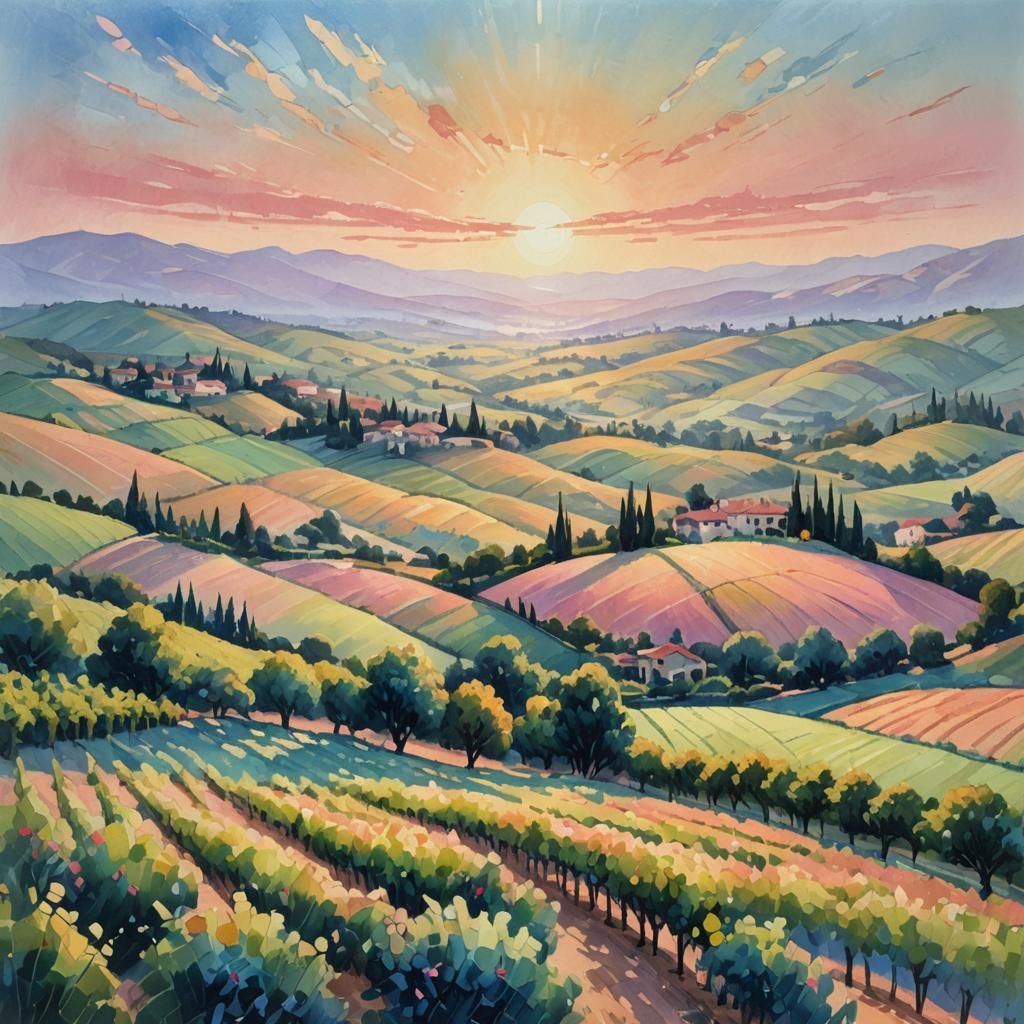 Impressionist Vineyard Landscape in Pastel Colors