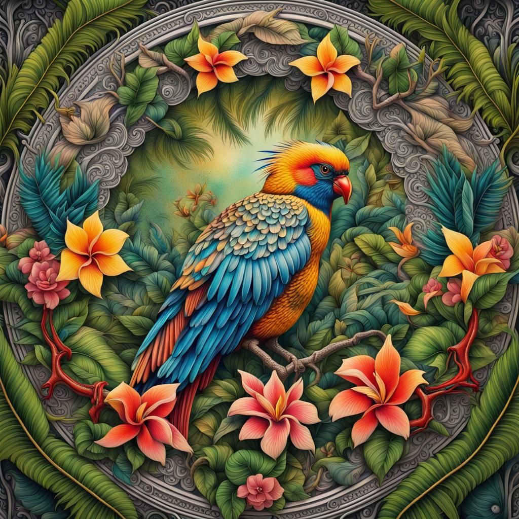 Tropical Bird Mandala in Tattoo Style