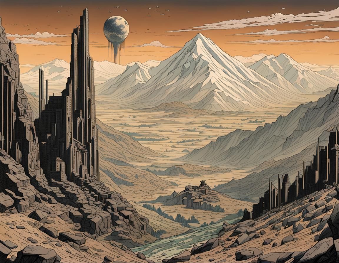 Art Deco Mountainscape in Post-Apocalyptic Style