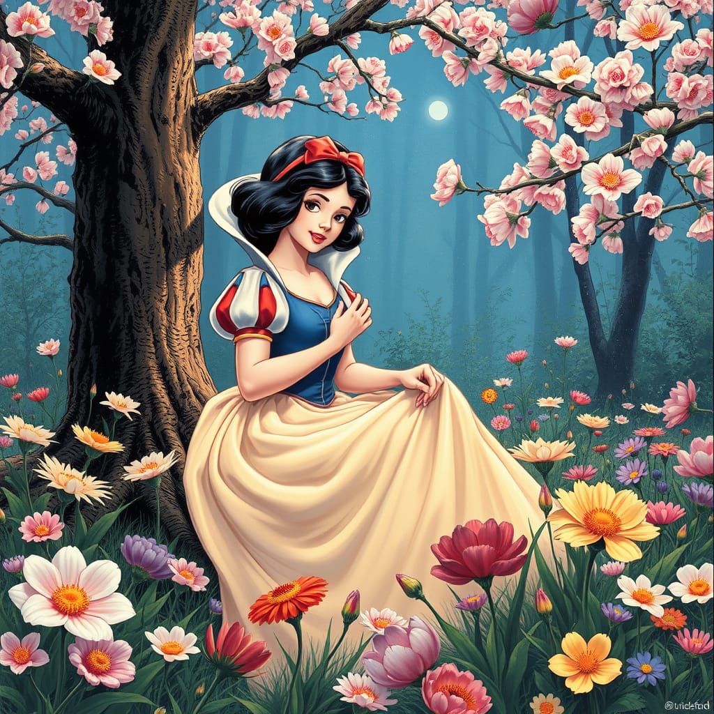 Enchanting Snow White Surrounded by Vibrant Spring Blooms in...