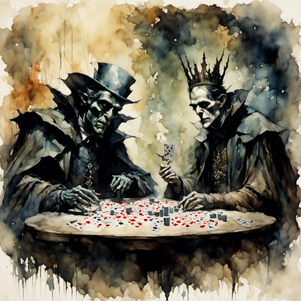 Frankenstein and Dracula Play Poker, Hyperreal Watercolor