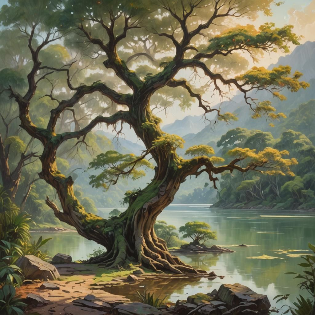 Impressionist Painting of Ancient Tree by Lake