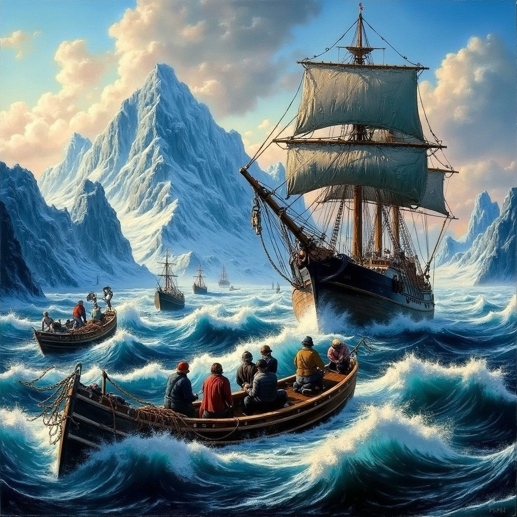 Whaling Ship Duncan Grey in Storm, Oil Painting