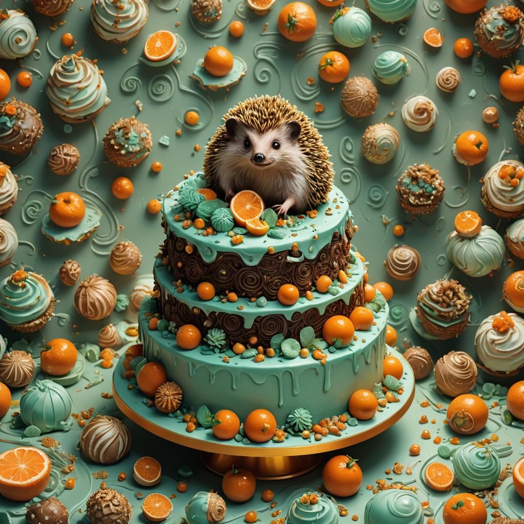 Detailed Hedgehog Cake with Orange and Mint Swirls
