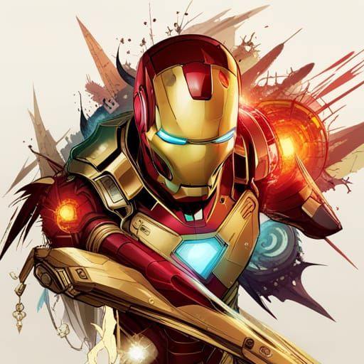 Luminous Iron Man Digital Painting with Golden Outlines