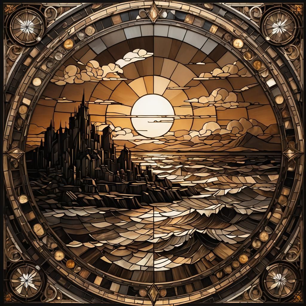 Apocalyptic Marquetry with Stained Glass Border in Sepia