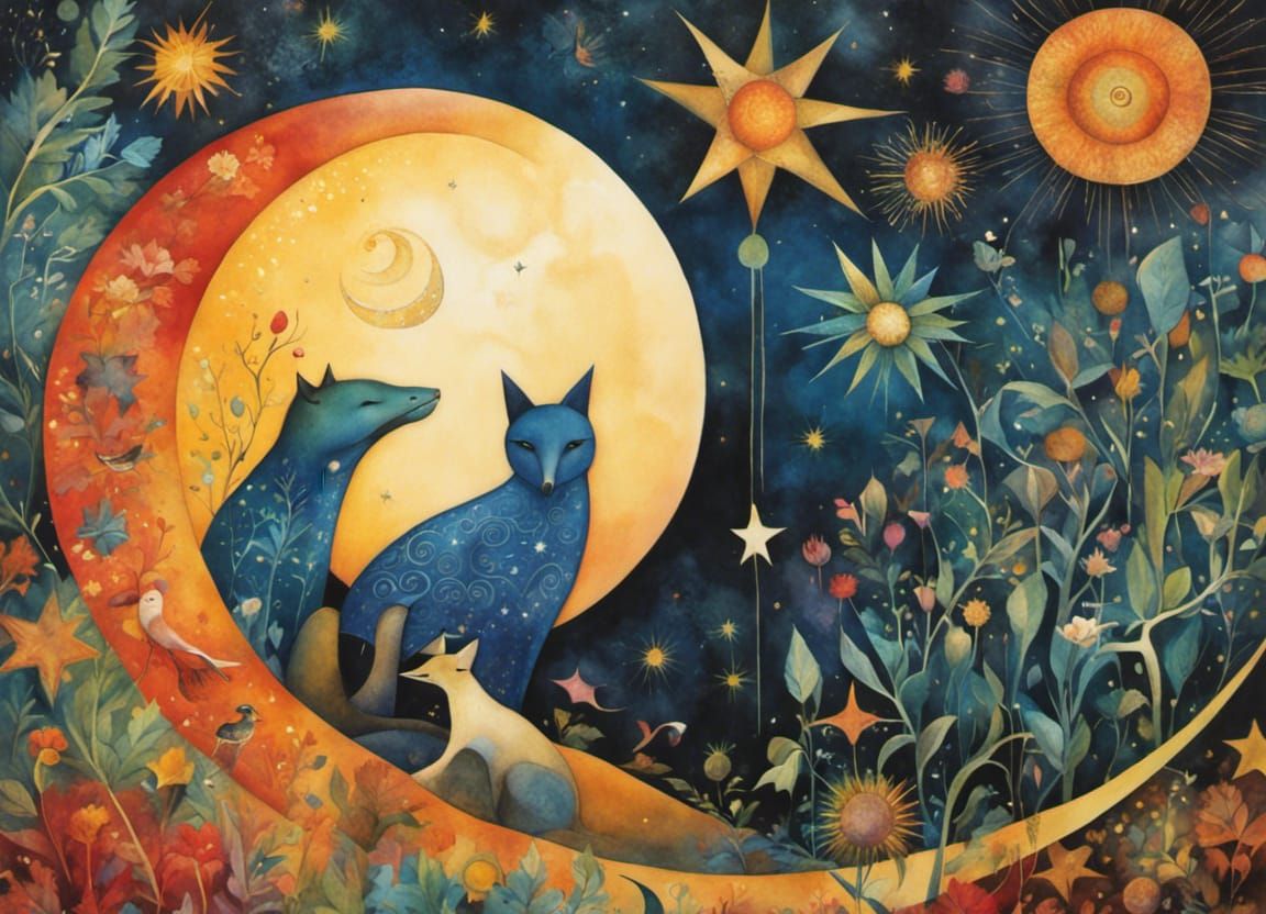 Vibrant Watercolour Sun, Moon, and Stars