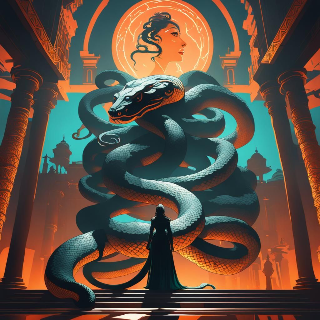 Pythia and Python Silhouette in Art Nouveau Style