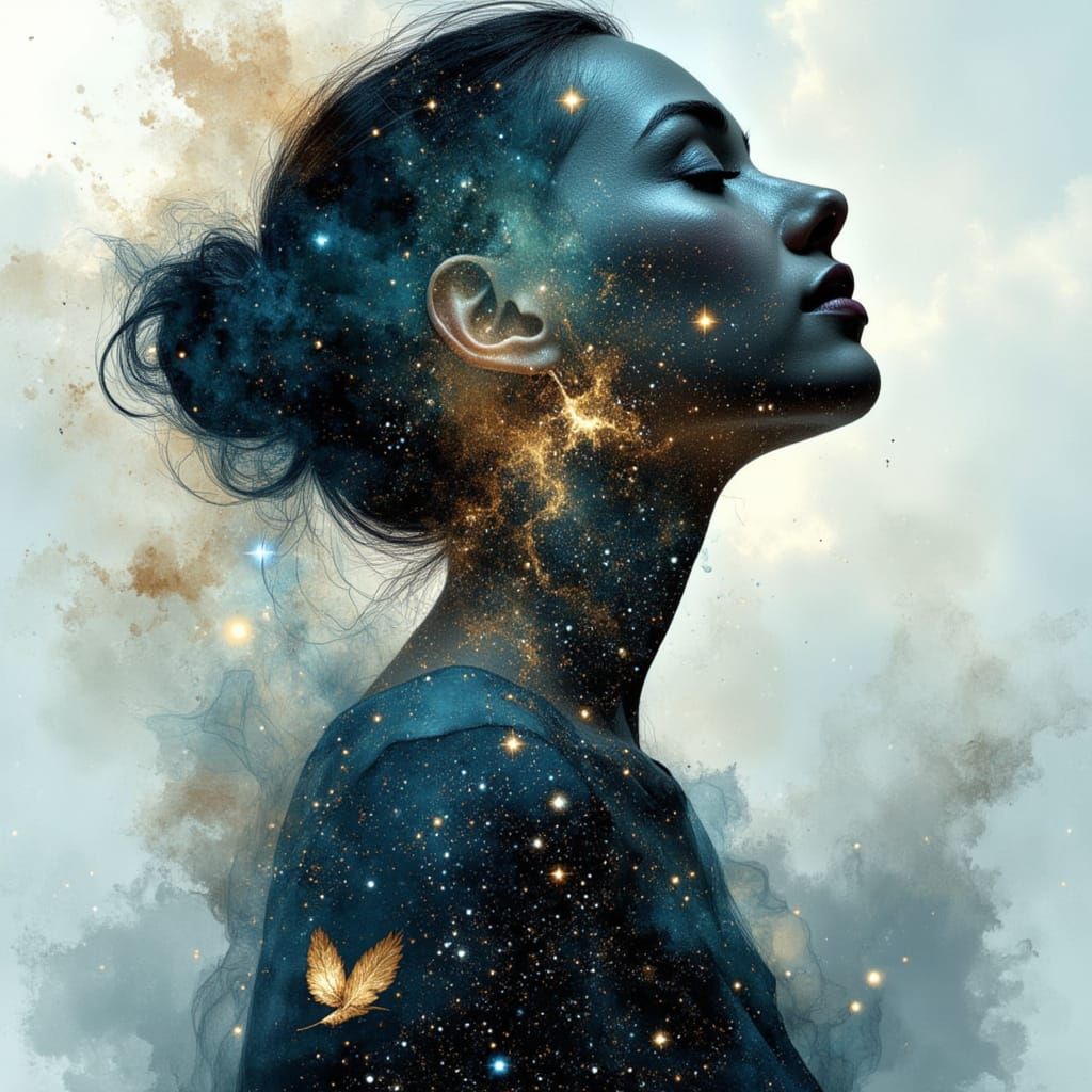 Woman Silhouette Double Exposure with Starry Night Sky