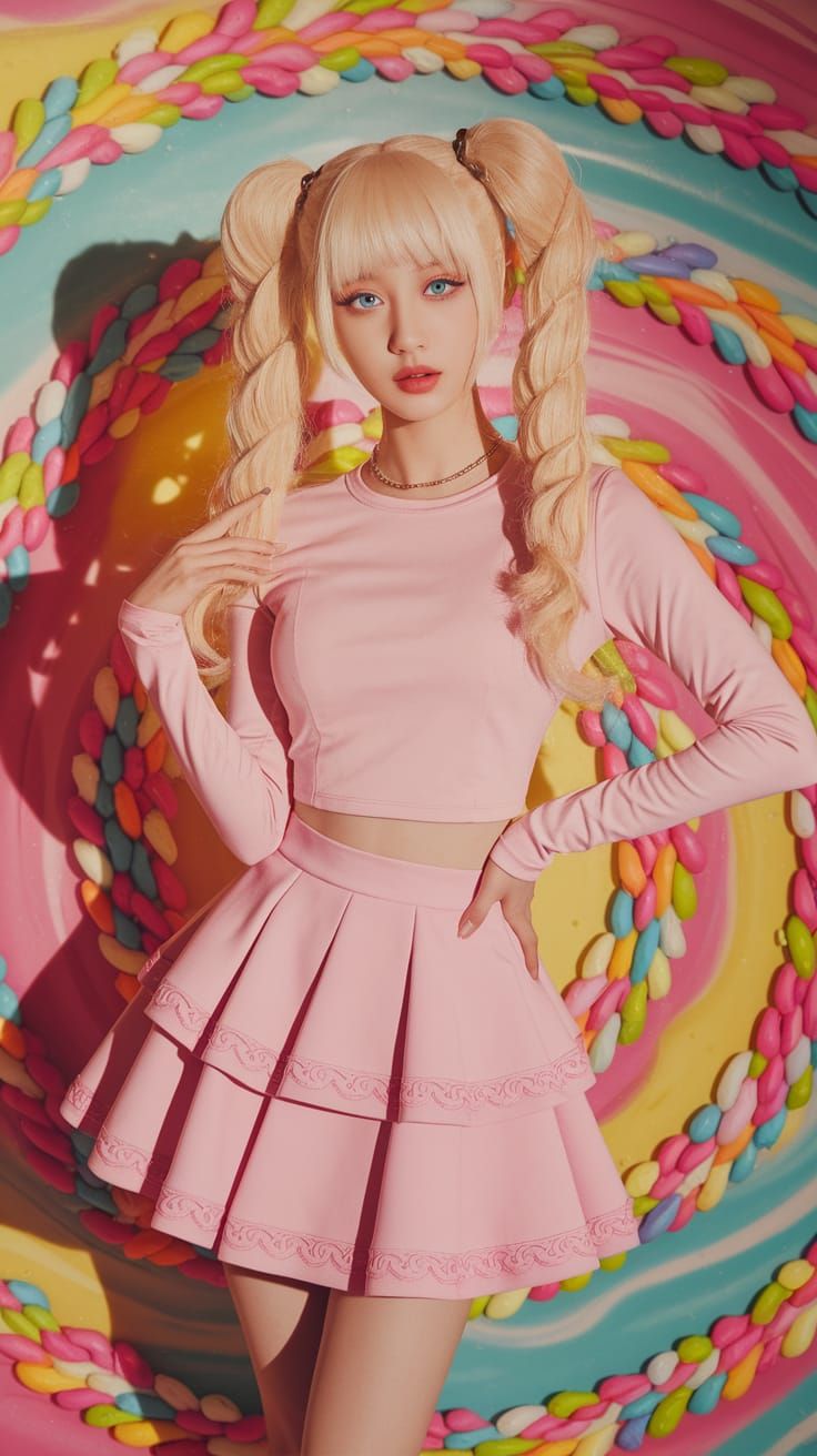 Korean Woman in Pastel Pink Outfit with Sugar Swirls