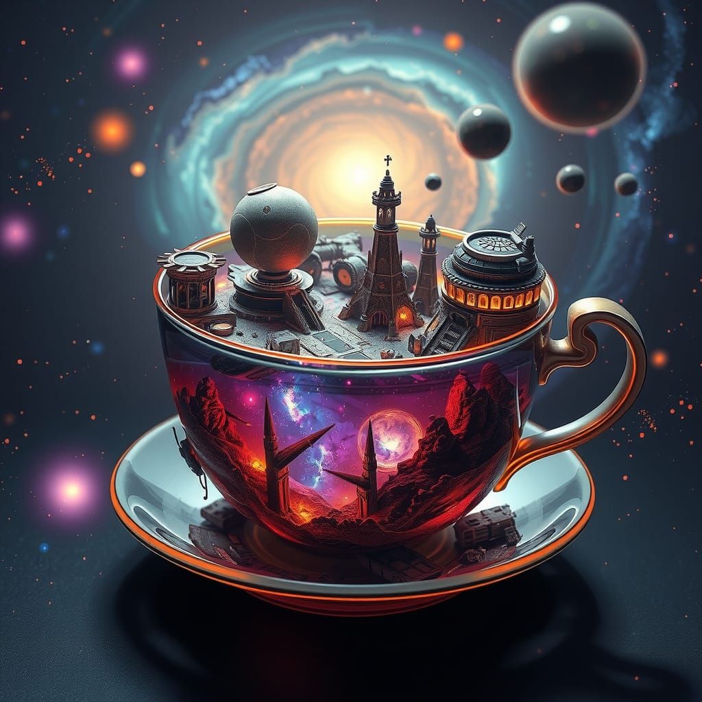 Galactic Civilizations Evolving in Teacup, Futuristic Art