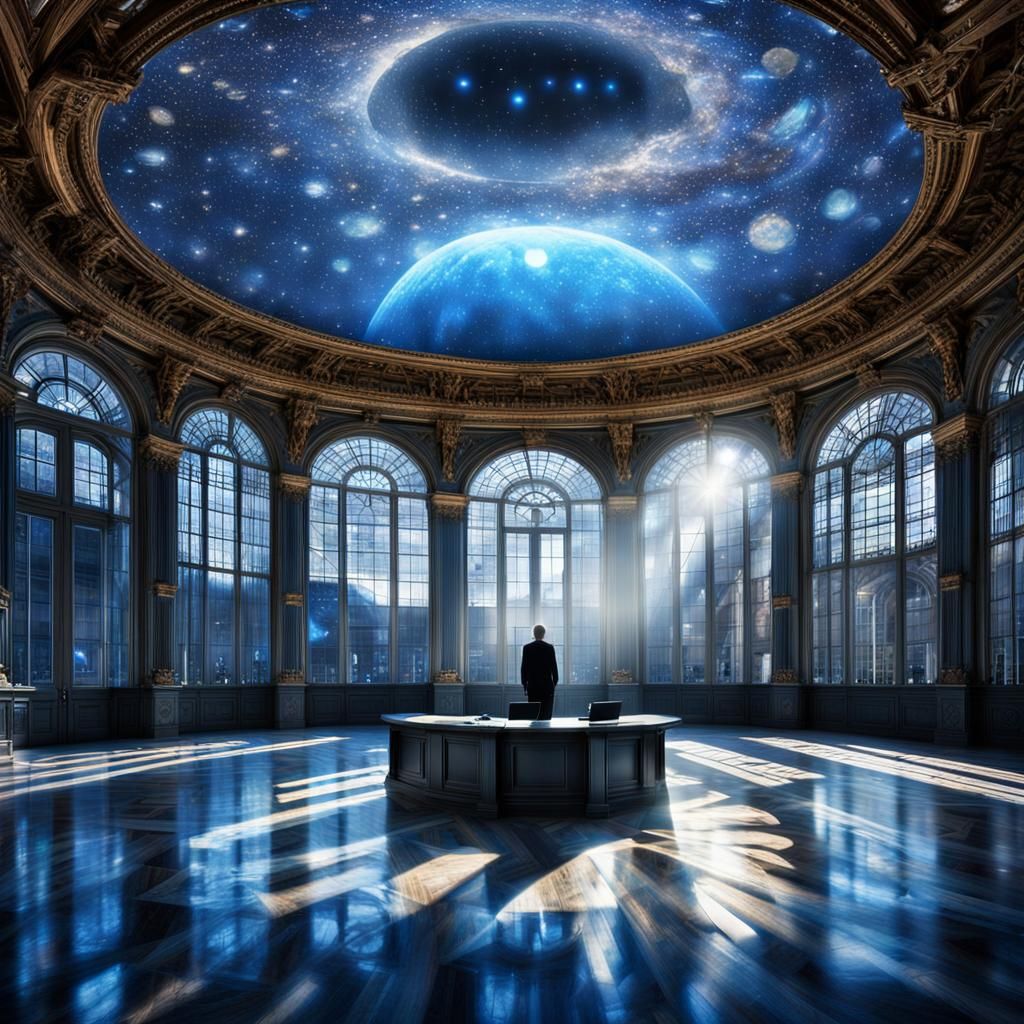 Paris Office with Celestial Ceiling in Hyperrealistic Style