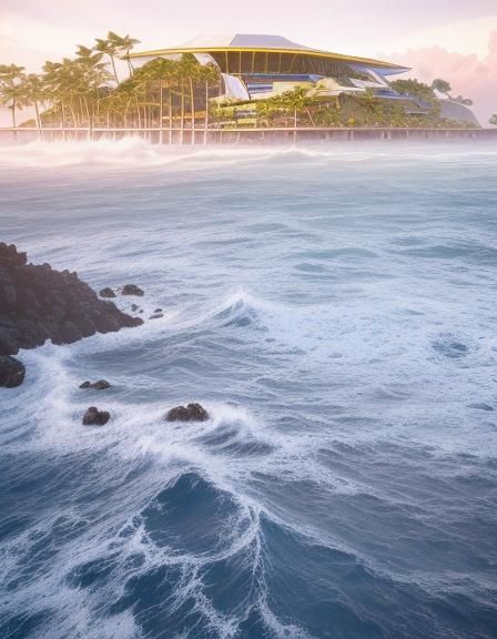 Tropical Cyberpunk Fortress on Volcanic Island
