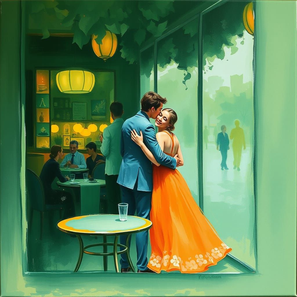 Romantic Cafe Scene in Soft Impressionist Brushstrokes