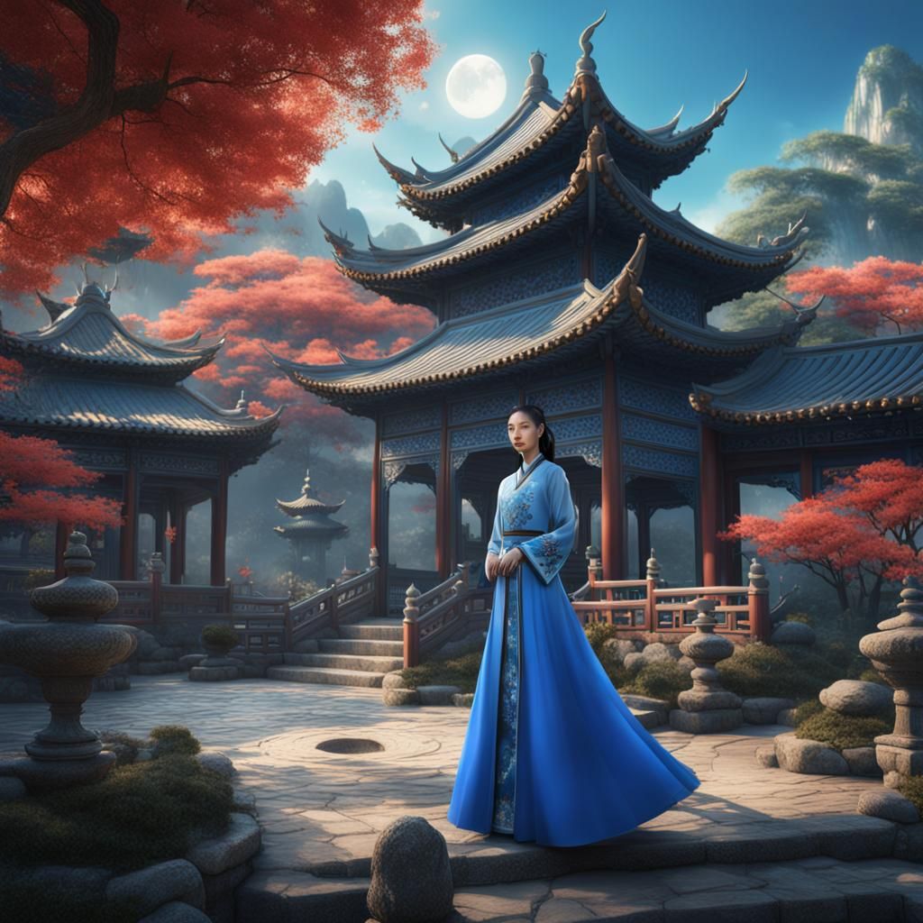 Fantasy Chinese Garden with Woman: Detailed Matte Painting