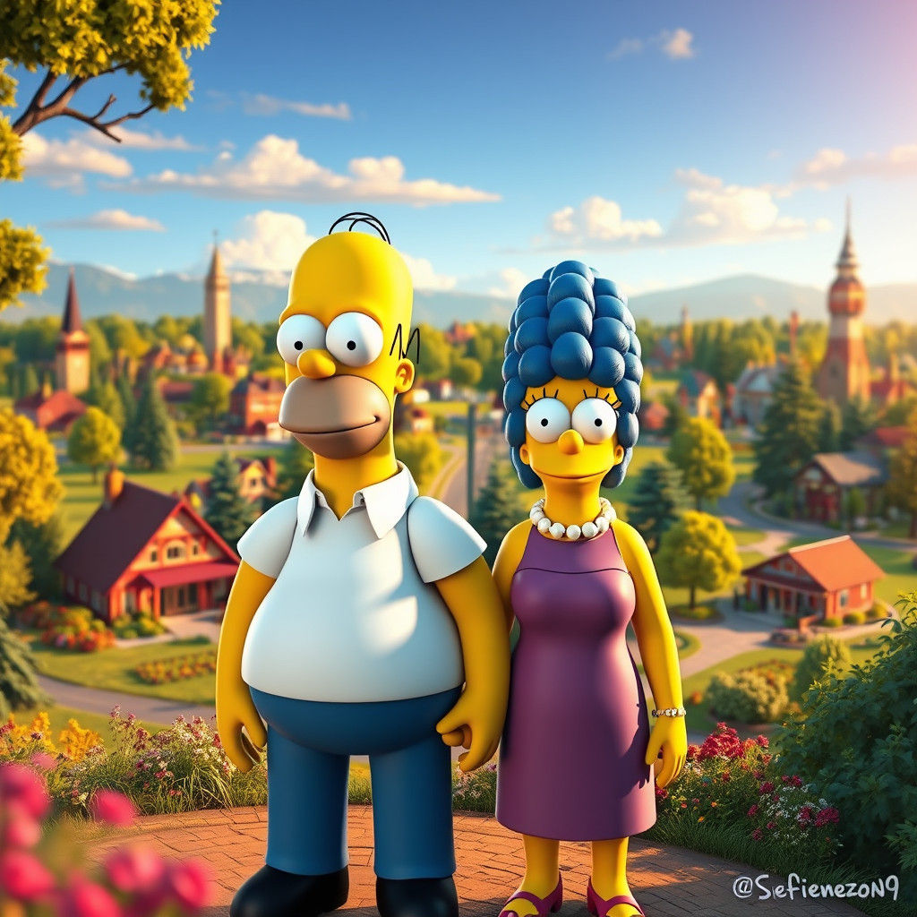 Homer and Marge Simpson in Springfield, 3D Render