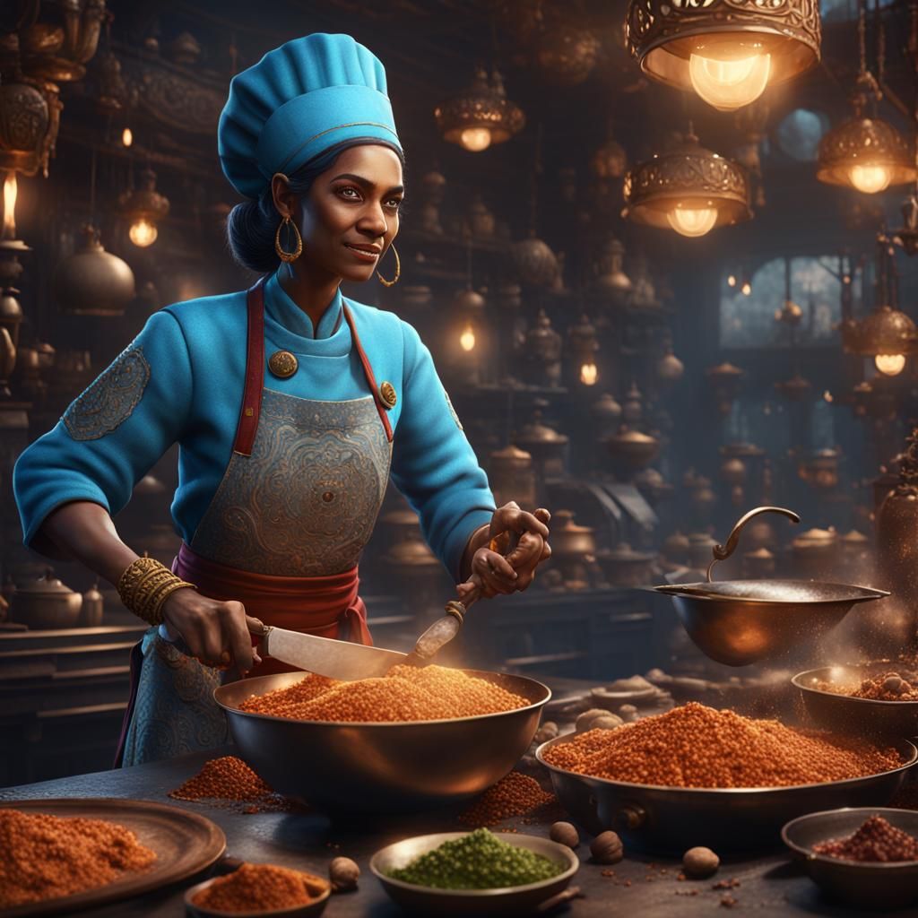 Fantastical Female Genie Chef in Detailed Digital Art