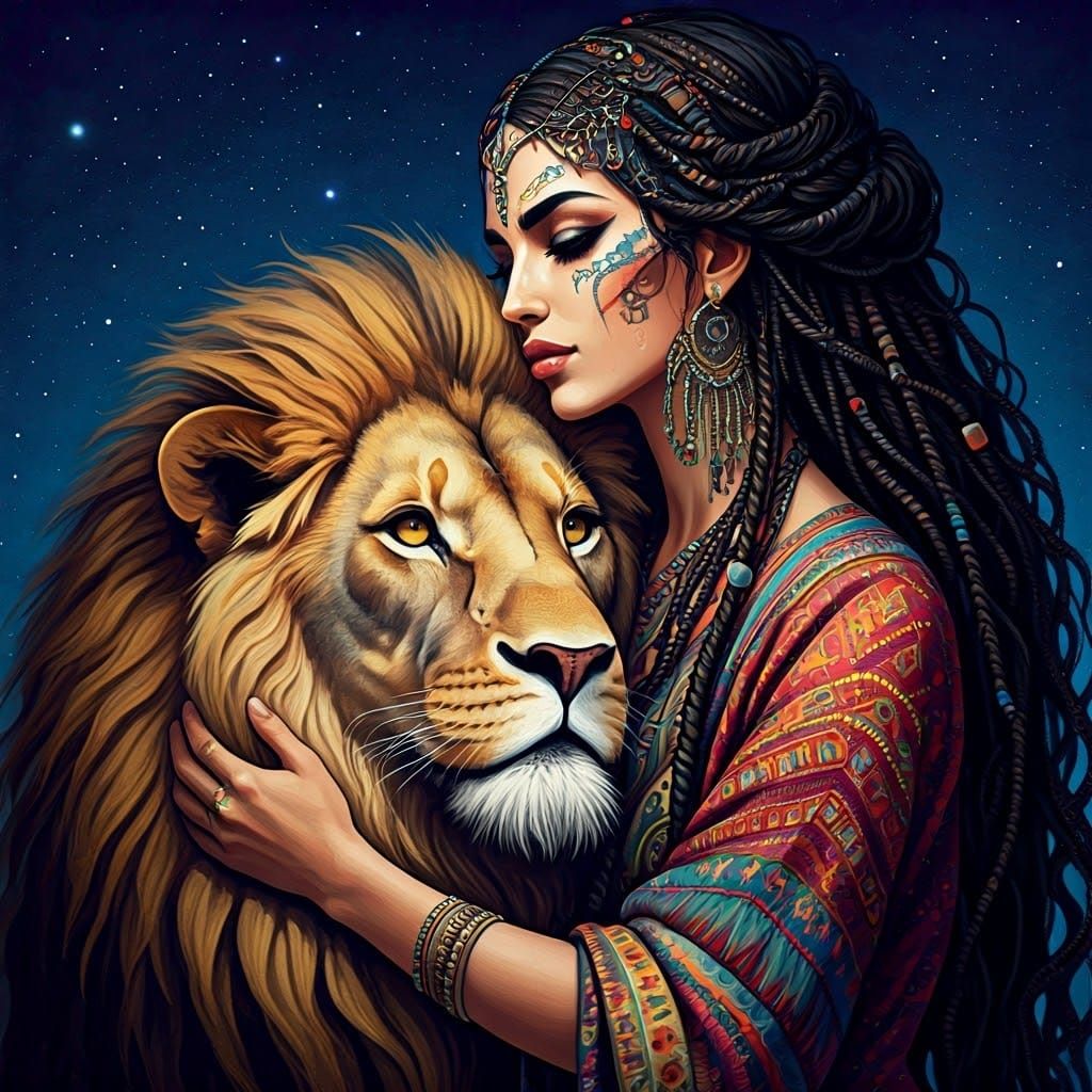 Regal Bedouin Woman Embracing Lion Under Starry Night in Poi...