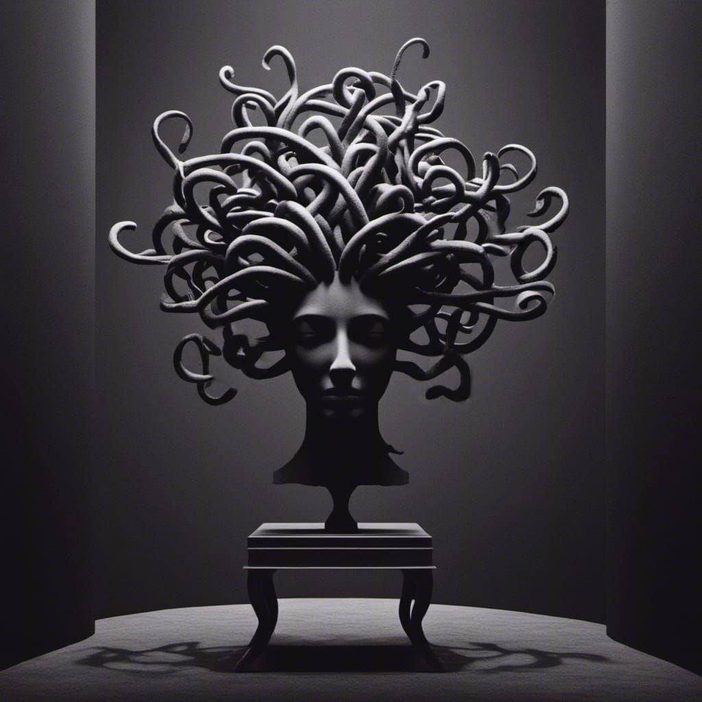 Perseus and Medusa in Minimalist Monochrome Style