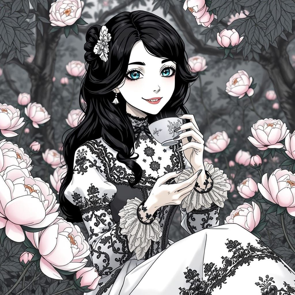 Elegant Gothic Lady in Peony Garden
