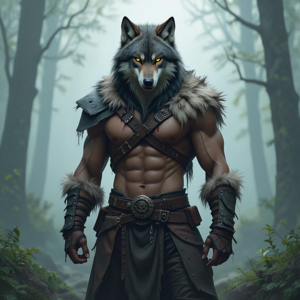 Human Wolf Hybrid in Misty Forest, Frazetta Style