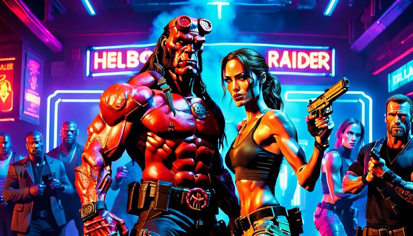 Hellboy and Tomb Raider in Neon Nightclub