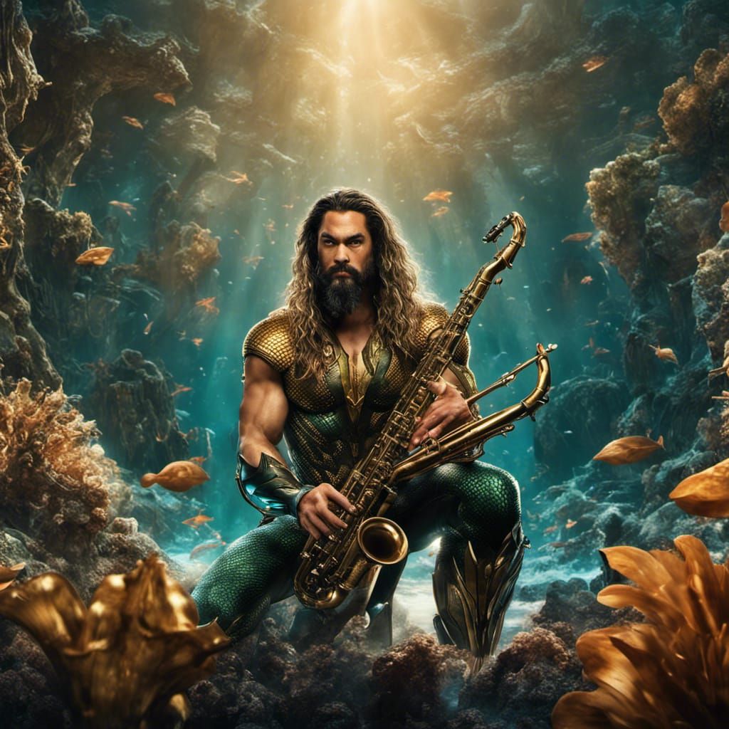 a very realistic Jason Mamoa as Aquaman playing the saxophone for Wonder Woman