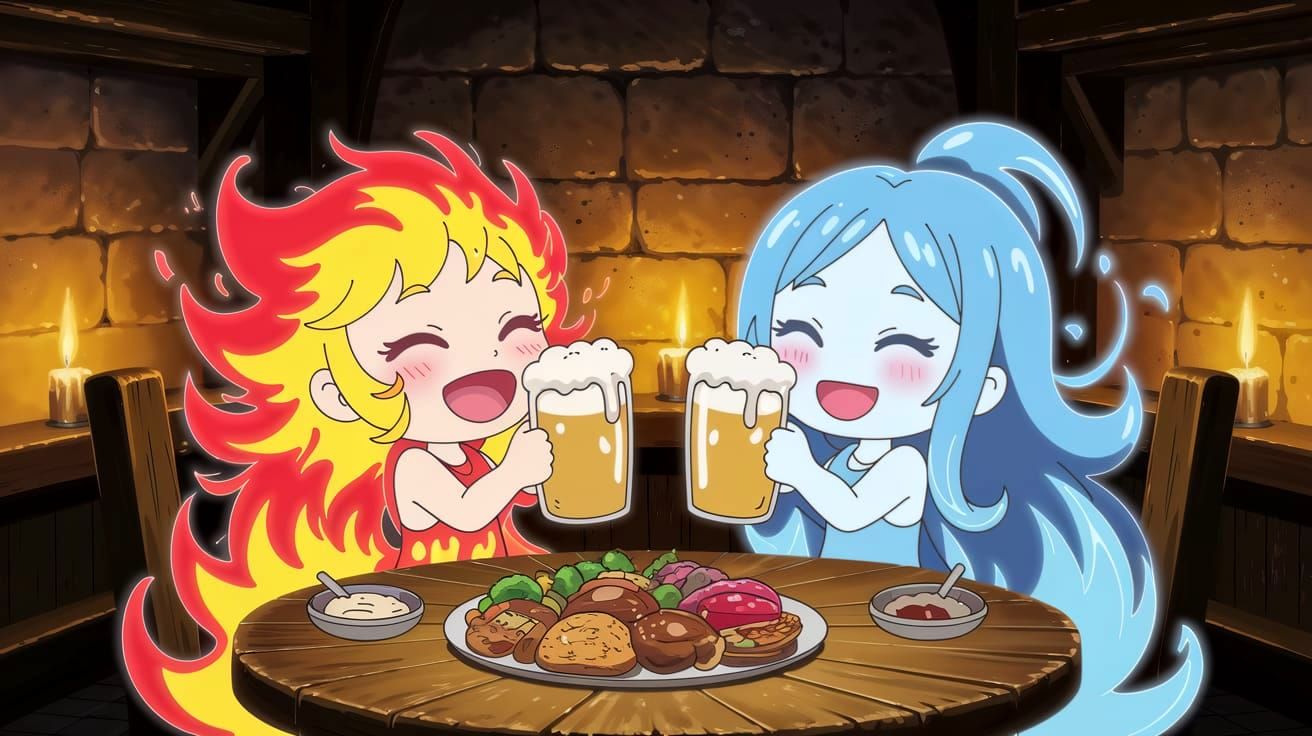 Chibi Fire and Water Spirits in Tavern