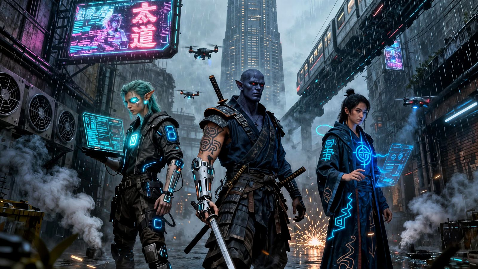 Cyberpunk Megacity Streets with Shadowrunners