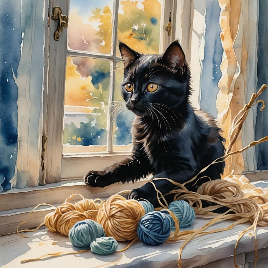 Black Kitten Plays with Yarn: Watercolor Style