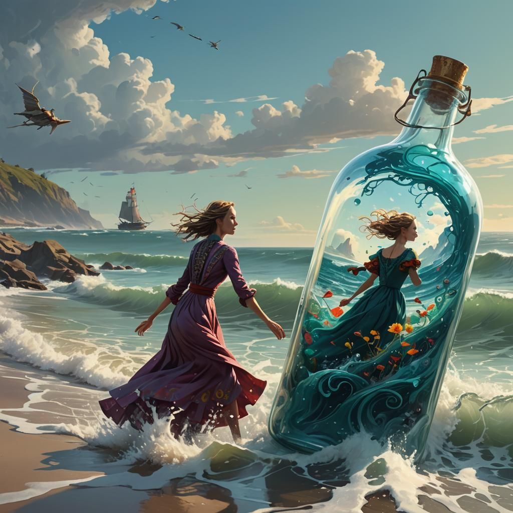 Whimsical Couple in a Bottle: Hyperrealistic Concept Art