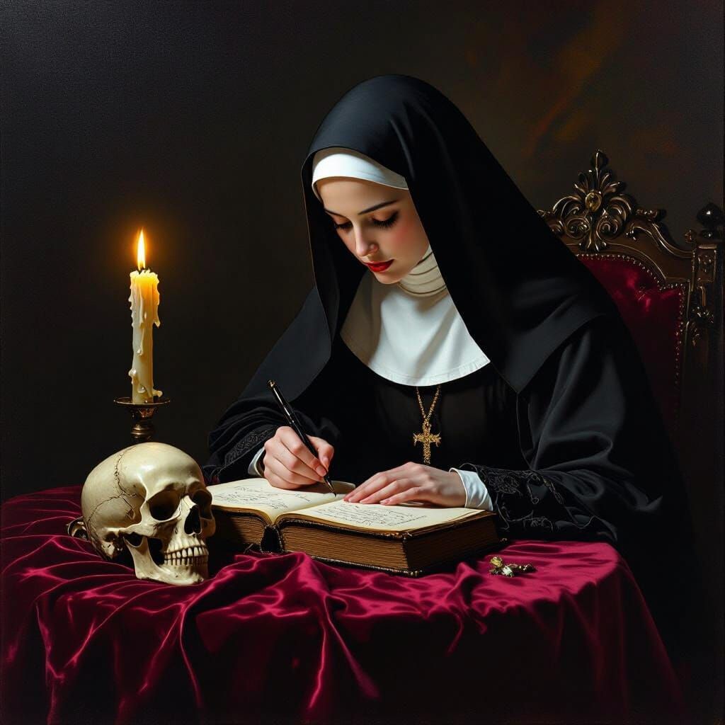 Nun Writing by Candlelight in Baroque Style