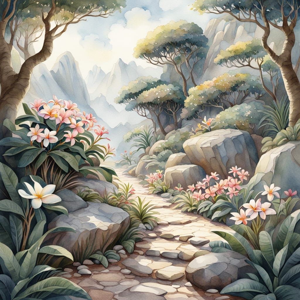 Watercolor Whimsy of a Plumeria Bush in a Serene Garden