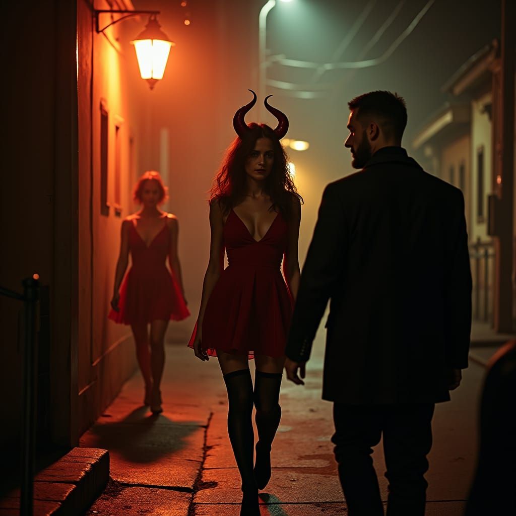Succubus in Red Dress: A Film Noir Scene