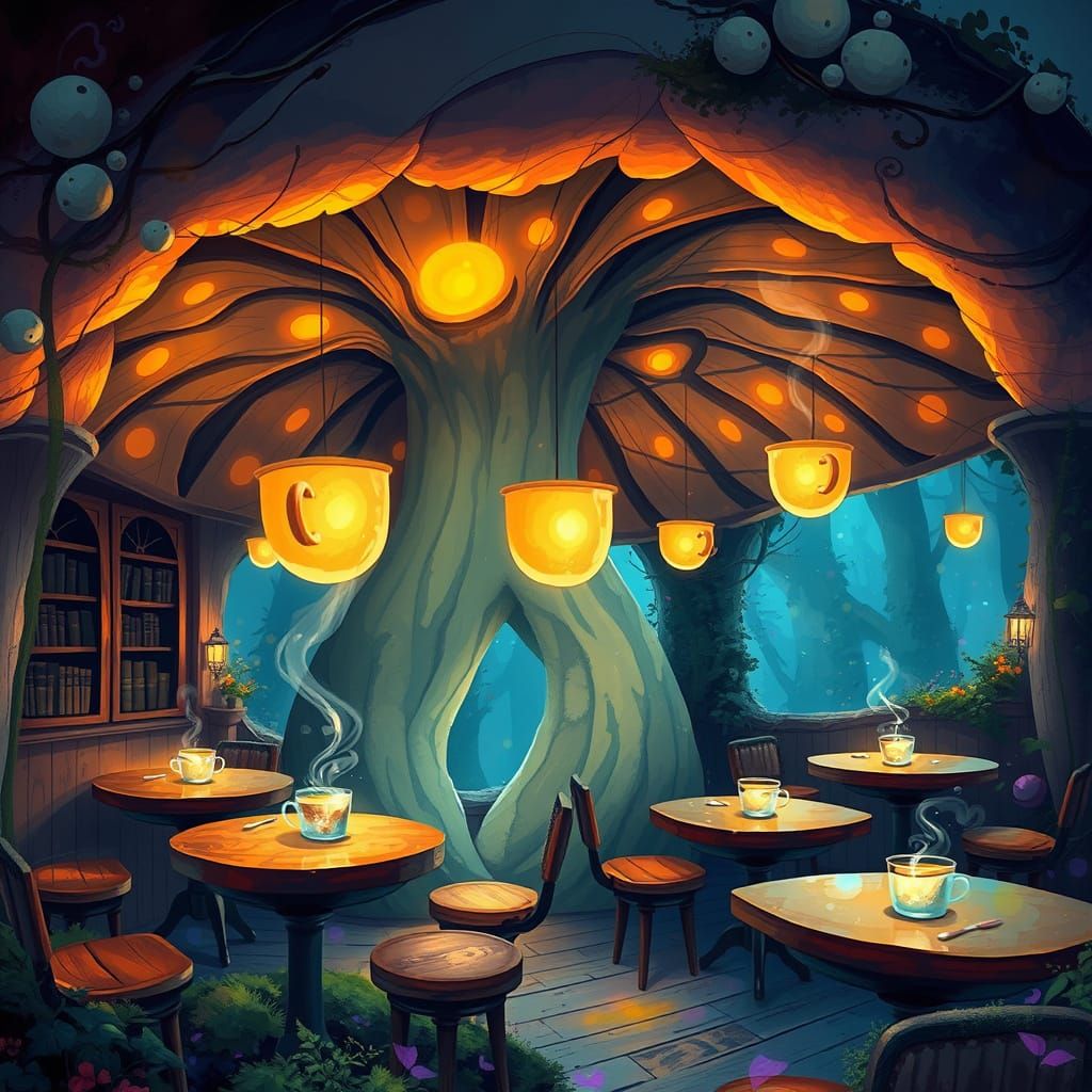 Enchanted Mushroom Cafe With Floating Coffee Mugs