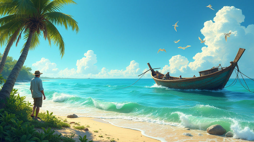 Idyllic Coastal Scene with Fishing Boat in Unreal Engine