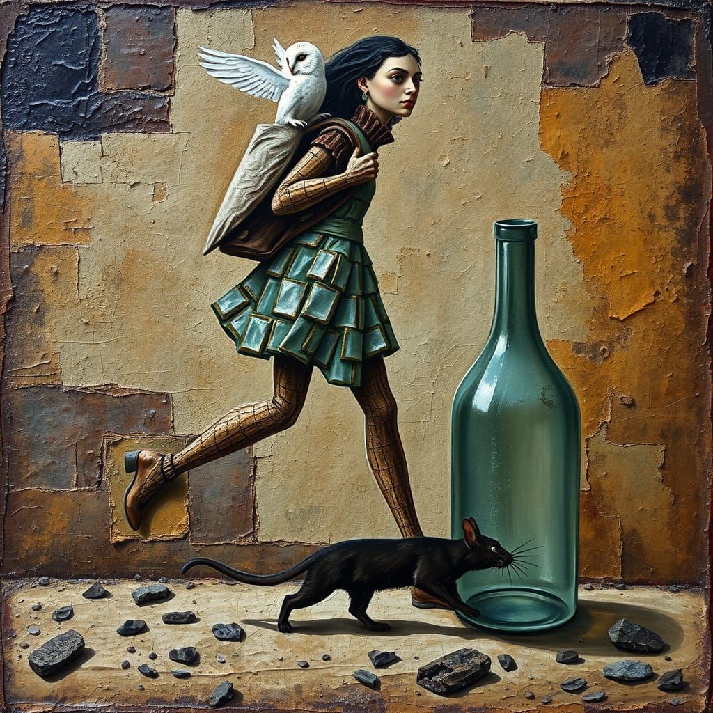 Giant Woman of Glass and Bricks in Primitive Naive Style