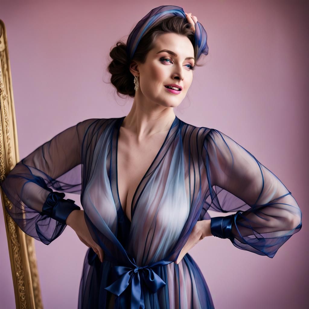 Woman wearing a navy blue rainbow chiffon voile robe. Wearing a silk robe of see-through tulle. Long puffy chiffon. Big ...