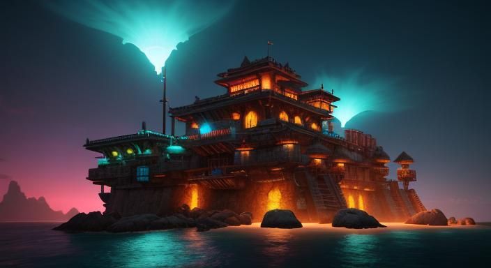 Tropical Cyberpunk Fortress with Bioluminescent Cryptids