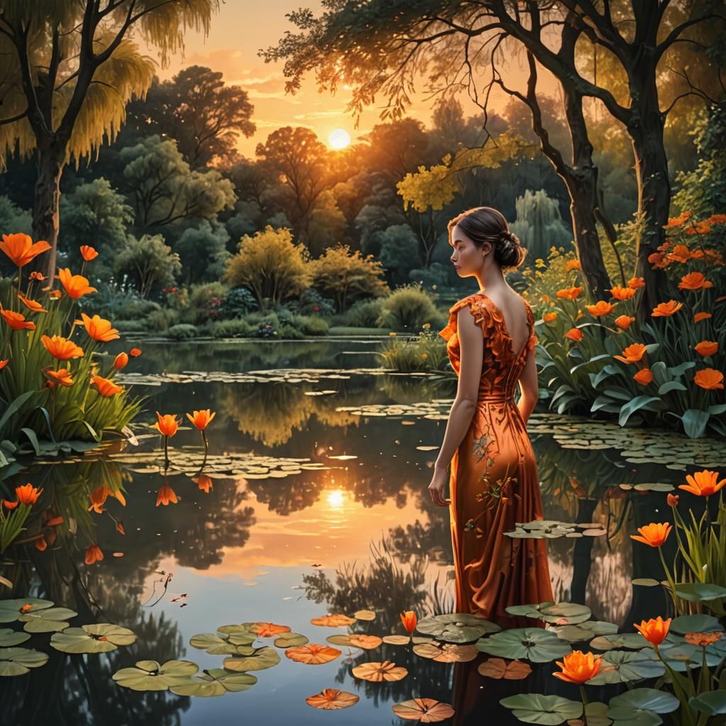 Sunset Reflection with Woman in Orange Dress