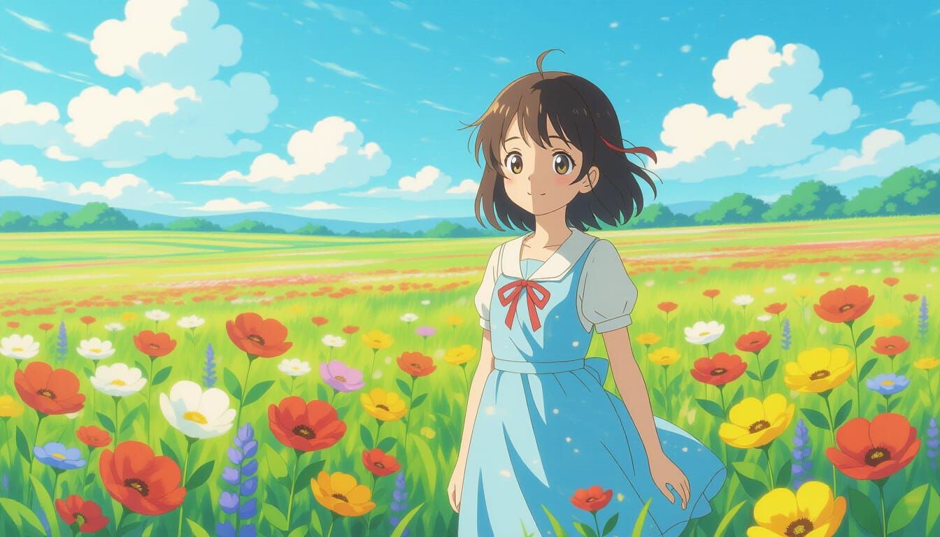 Anime Girl in Flower Field with Sky Blue Dress