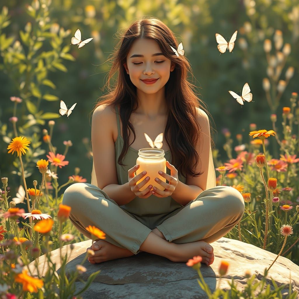 Serene Woman Surrounded by Nature and Whimsical Probiotics