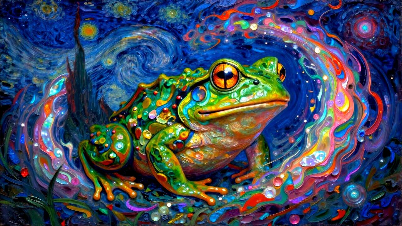 Ancient Frog God Emerges From Cosmic Vortex in Impasto Style